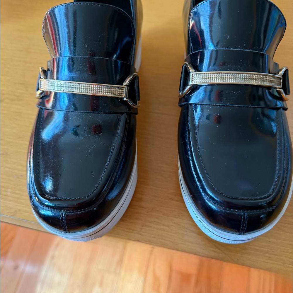 Stella McCartney Black Patent Platform Loafers with Gold Accent